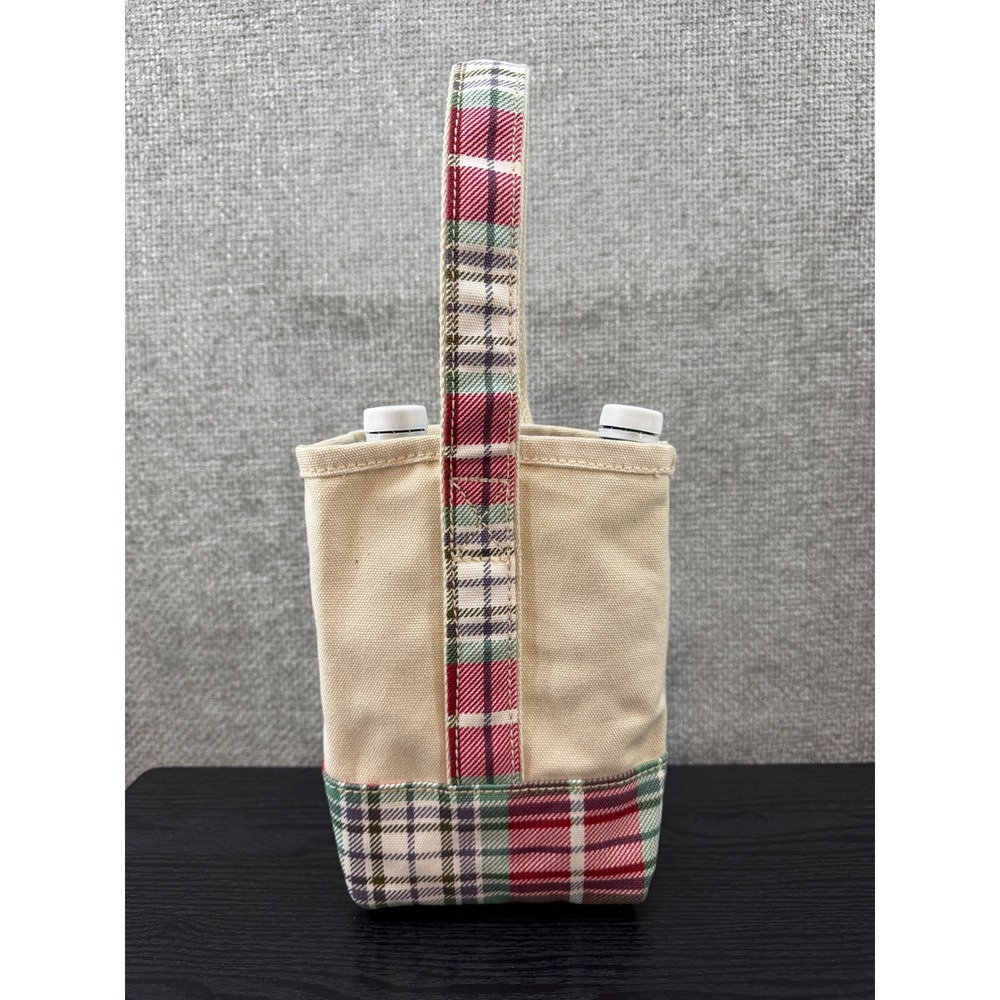 Lands End Canvas Wine Tote Bag Double Bottle Carrier Cream Plaid Trim Canvas